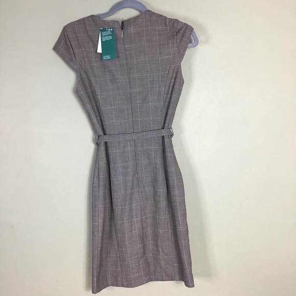 H&M Sheath Dress Women XS Taupe Windowpane Plaid Knee Length Cap Sleeves - Picture 3 of 8